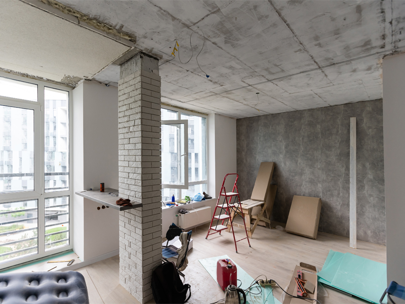 Interior of apartment during drywall repairment.
